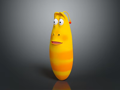 Yellow Orange Striped Plush Toy With Big Eyes Smiling Face Red Accent On Gray Background 3d model