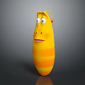 Yellow Orange Striped Plush Toy With Big Eyes Smiling Face Red Accent On Gray Background