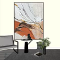 Abstract Painting With Orange White Accents In Modern Interior With Chair Table And Green Plant
