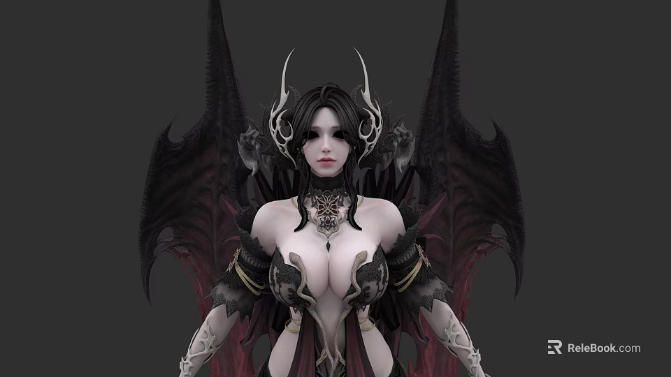 Dark Winged Mythical Game Character With Horned Headpiece Black Hair And Elaborate Necklace 3d model 