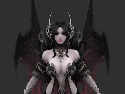 Dark Winged Mythical Game Character With Horned Headpiece Black Hair And Elaborate Necklace 3d model