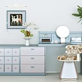 Classic Dressing Table With Wooden Drawers Round Mirror Decorative Stool Wall Art And Green Plant