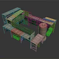 Wooden Industrial Structure With Multiple Platforms Staircases And Cylindrical Tank 3d model