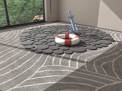 Bar Counter Area Featuring Gray Wavy Carpet Circular Stone Tiles Red White Lifebuoy Blue Anchor 3d model