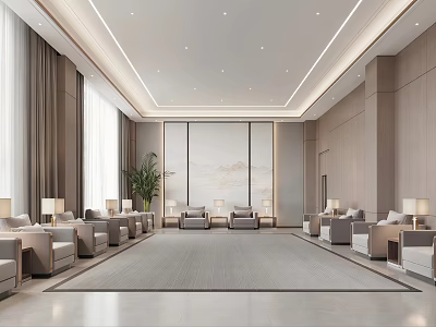 Modern Reception Area Lobby With Comfortable Sofas Green Plant And Large Windows 3d model