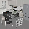 Modern Kitchen Dining Table And Chairs With Marble Countertop Open Layout Cabinets 3d model
