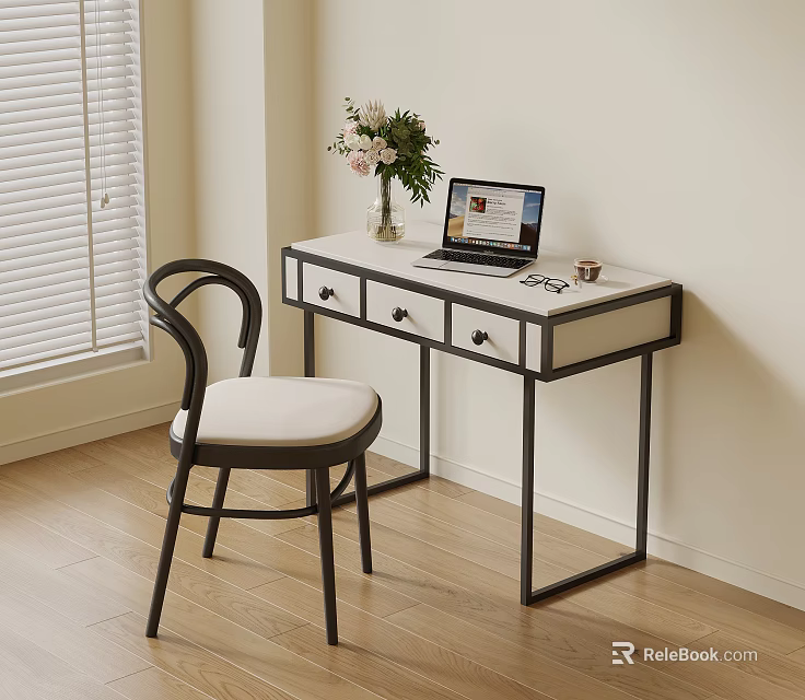 Modern White Top Desk with Black Frame Drawers Laptop and Flower Vase by Window 3d model 