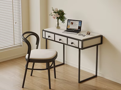 Modern White Top Desk with Black Frame Drawers Laptop and Flower Vase by Window 3d model