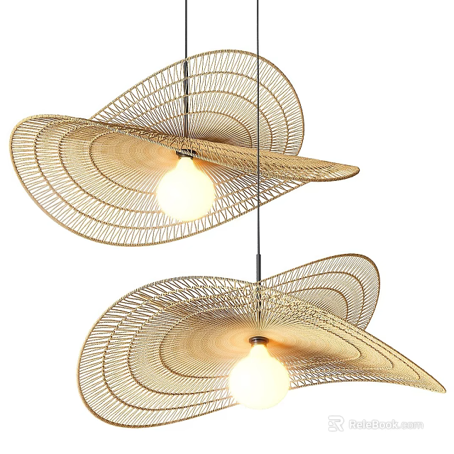 Two Modern Woven Pendant Lights With Straw Hat Shape And Natural Material Design 3d model 