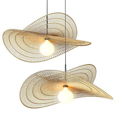 Two Modern Woven Pendant Lights With Straw Hat Shape And Natural Material Design 3d model