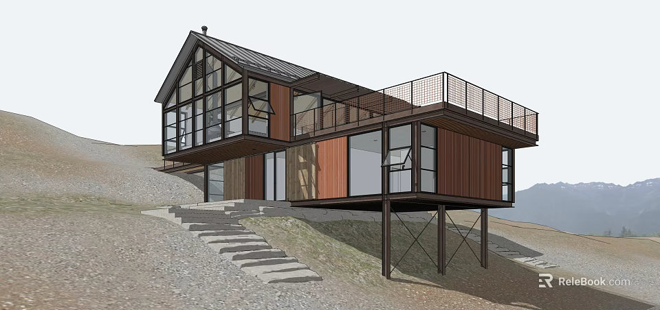 Modern Single Family Home On Sloped Terrain With Large Glass Windows Wood Siding And Balcony 3d model 