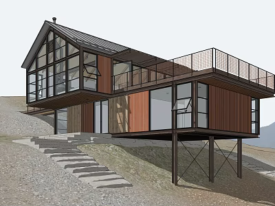 Modern Single Family Home On Sloped Terrain With Large Glass Windows Wood Siding And Balcony 3d model