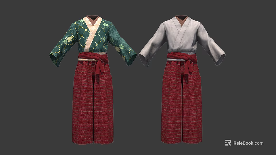 Traditional Outfits Featuring Green Floral And Light Gray Tops With Red Belts And Pants 3d model 