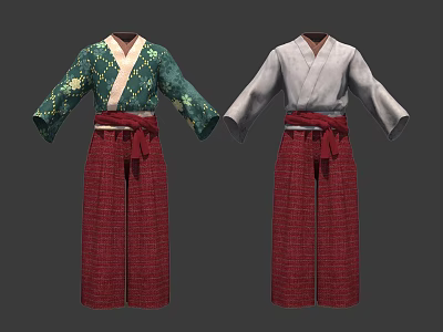 Traditional Outfits Featuring Green Floral And Light Gray Tops With Red Belts And Pants 3d model
