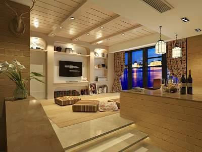 Warm Cozy Living Room With Built In Storage Side Bar And Wide Night River View 3d model