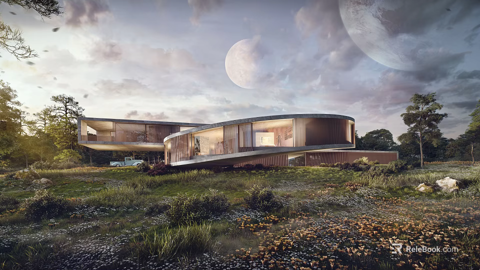 Contemporary Detached Villa With Unique Curved Architecture Amid Green Grass And Flower Beds 3d model 