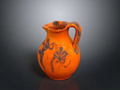 Orange Pottery Jug With Carved Black Figures And Floral Designs Sculpture 3d model