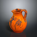 Orange Pottery Jug With Carved Black Figures And Floral Designs Sculpture