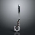 Unique Weapon Knife With White Circular Handle And Patterned Bladed Edge On Plain Gray Background