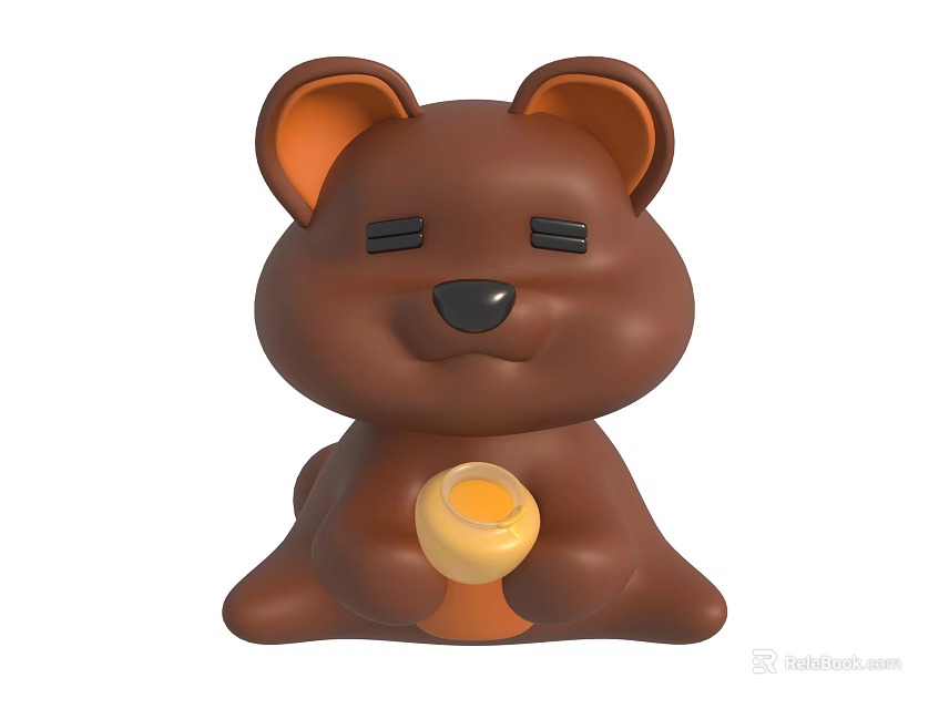 Cute Brown Bear Toy With Orange Ears Holding Yellow Honey Jar 3d model 
