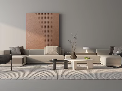 Modern Living Room Interior Sofa And Coffee Table Set With Neutral Cushions And Decorative Rug 3d model