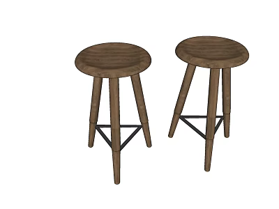 Pair of Wooden Bar Stools With Round Seats And Metal Support Legs 3d model