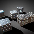 Metallic Cubes with Grid Surfaces and Illuminated Points Arranged on Dark Background 3d model