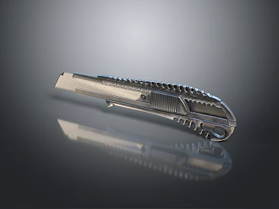 Silver Metal Utility Knife With Serrated Edge On Gray Reflective Surface 3d model Silver Metal Utility Knife With Serrated Edge On Gray Reflective Surface 3d model