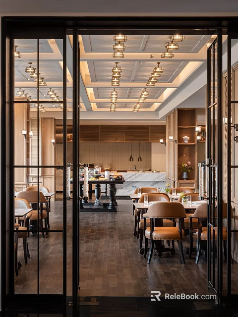 Elegant Modern Restaurant Interior Design With Wooden Tables Leather Chairs And Chandeliers 3d model 