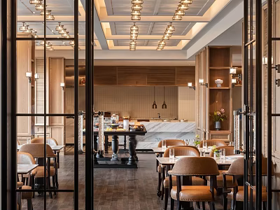 Elegant Modern Restaurant Interior Design With Wooden Tables Leather Chairs And Chandeliers 3d model