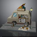 Street Portrait Cart With Decorative Brushes Street Lamp Stone Pavement And Easel Displays