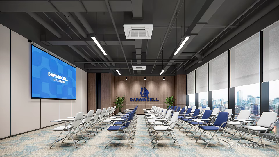 Modern Conference Room Interior With Large Screen Folding Chairs Wooden Wall Panels And Windows 3d model 