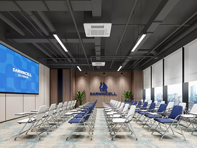 Modern Conference Room Interior With Large Screen Folding Chairs Wooden Wall Panels And Windows 3d model