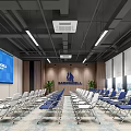 Modern Conference Room Interior With Large Screen Folding Chairs Wooden Wall Panels And Windows