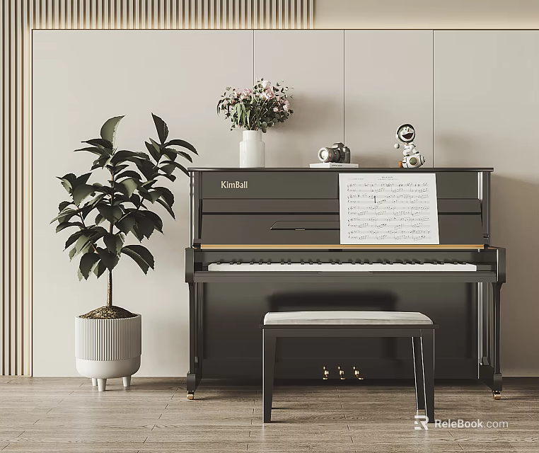 Black Piano In Home Interior With Stool Music Sheet And Green Plant 3d model 