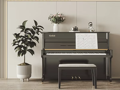 Black Piano In Home Interior With Stool Music Sheet And Green Plant 3d model