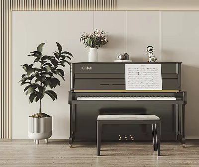 Black Piano In Home Interior With Stool Music Sheet And Green Plant 3d model Black Piano In Home Interior With Stool Music Sheet And Green Plant 3d model