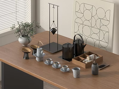 Elegant Tea Set with Teapot and Cups on Wooden Table Alongside Geometric Pattern Decorations 3d model