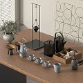 Elegant Tea Set with Teapot and Cups on Wooden Table Alongside Geometric Pattern Decorations