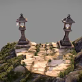 Scenic Japanese Stone Lantern Path With Mossy Rocks And Stone Steps
