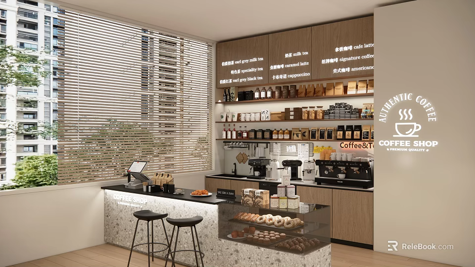Stylish Coffee Shop Interior With Counter Pastries Display Coffee Machines Wooden Cabinets And Window Blinds 3d model 
