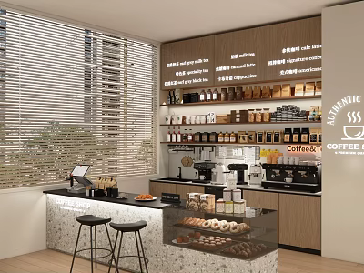 Stylish Coffee Shop Interior With Counter Pastries Display Coffee Machines Wooden Cabinets And Window Blinds 3d model