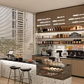Stylish Coffee Shop Interior With Counter Pastries Display Coffee Machines Wooden Cabinets And Window Blinds