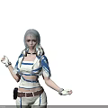 Woman With Blue Hair Wearing Blue And White Short Sleeved Top Shorts Belt And Gloves
