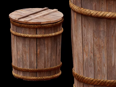 Rustic Wooden Barrels With Rope Wrapping And Natural Wood Texture Design 3d model