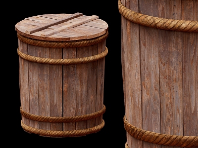 Water bucket wooden barrel lid hemp rope 3d model