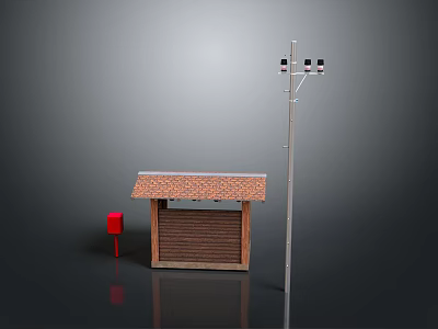 Outdoor Brick Shelter Red Mailbox And Utility Pole With Street Lights 3d model