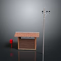 Outdoor Brick Shelter Red Mailbox And Utility Pole With Street Lights