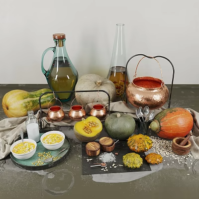 Fresh Pumpkin Oats And Milk Ingredients For Healthy Cooking With Copper Pots Bowls And Trays 3d model