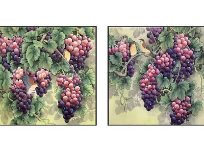 Detailed Vibrant Grape Clusters With Birds And Green Leaves In Artwork 3d model